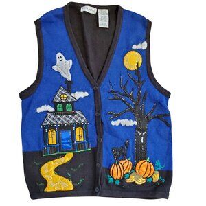 Vintage 90s Blue Black Embroidered Beaded Cardigan Sweater Vest Pumpkins